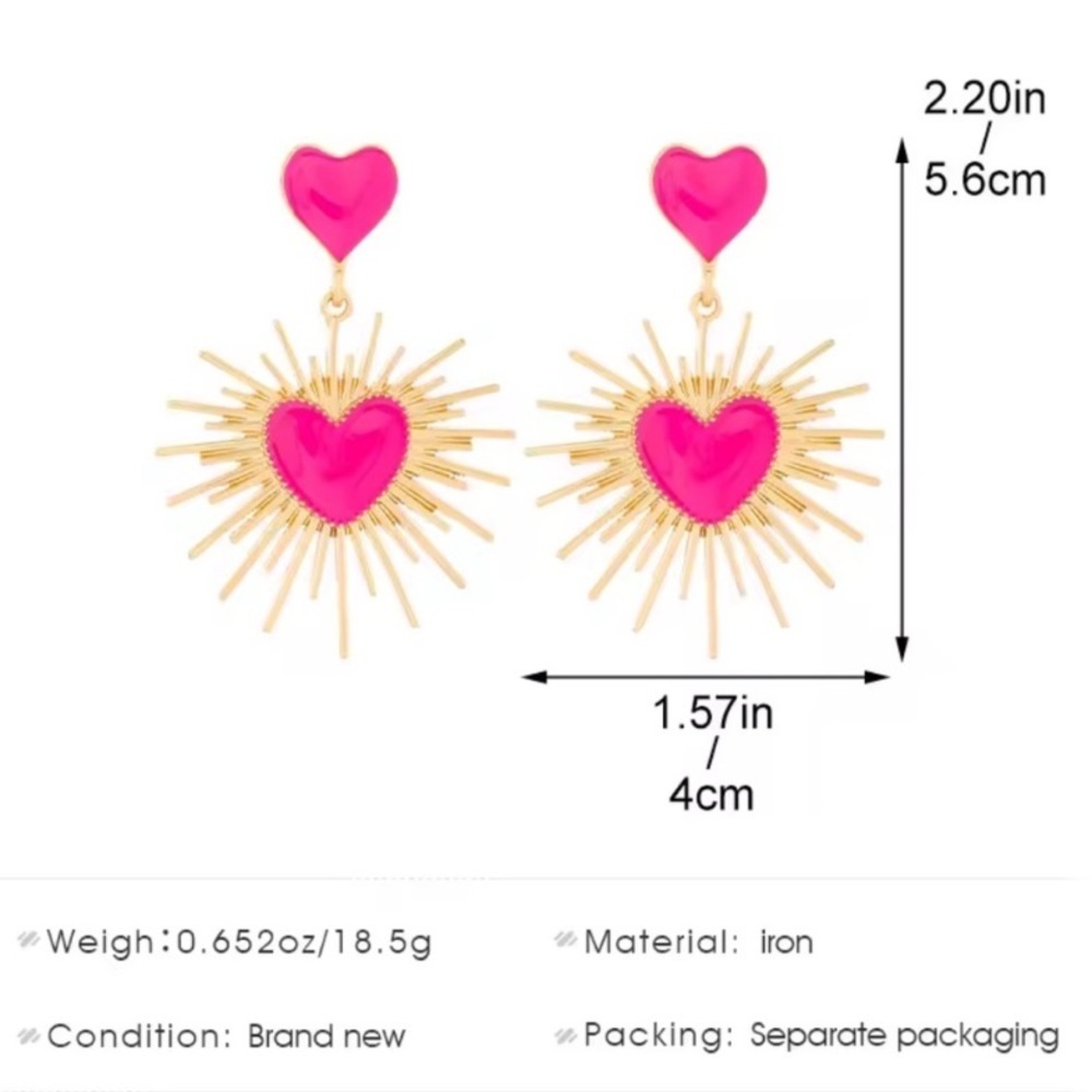 Pink Heart Burst Statement Earrings | Gold Sunray Dangle | Bold Retro Jewelry - Picture 4 of 6